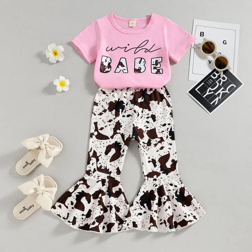 Children's Clothing New Short-sleeved Leopard-print Alphabet Print Top Print Flared Pants Two-Piece Suit Wholesale Kids Clothes