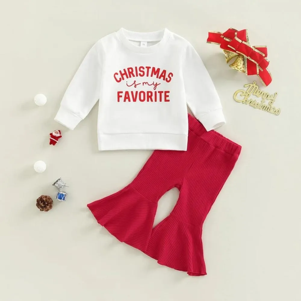 Christmas Girls Alphabet Print Sweatshirt Red Flared Pants Set Wholesale Baby Girls Clothes