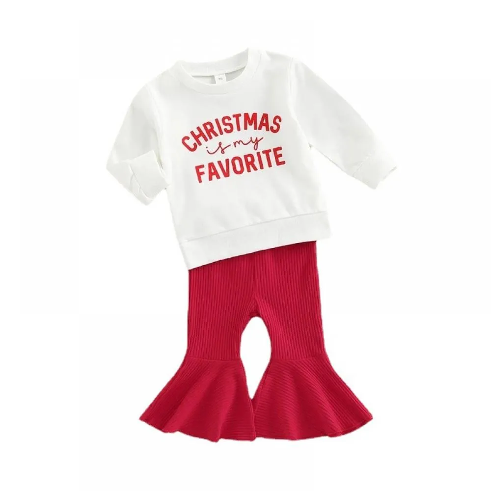 Christmas Girls Alphabet Print Sweatshirt Red Flared Pants Set Wholesale Baby Girls Clothes