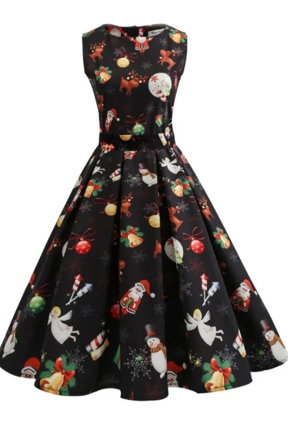 Christmas Retro Printed Boatneck Dress