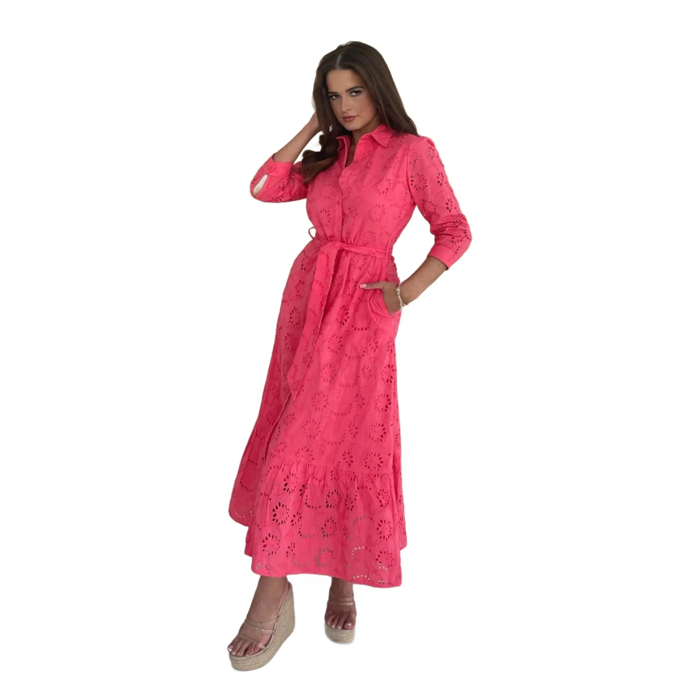 Coral Pink Broderie Anglaise Long Shirt Dress with Pockets