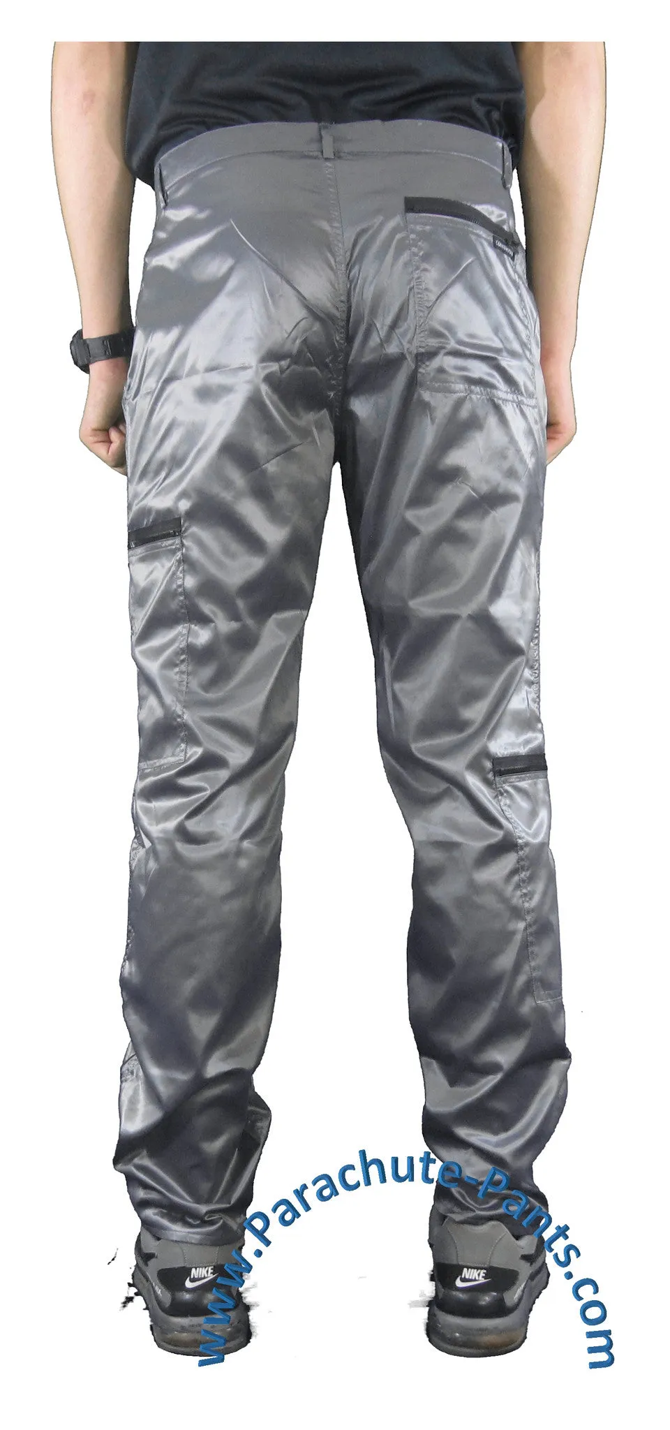 Countdown Grey Shiny Nylon Parachute Pants with Black Zippers