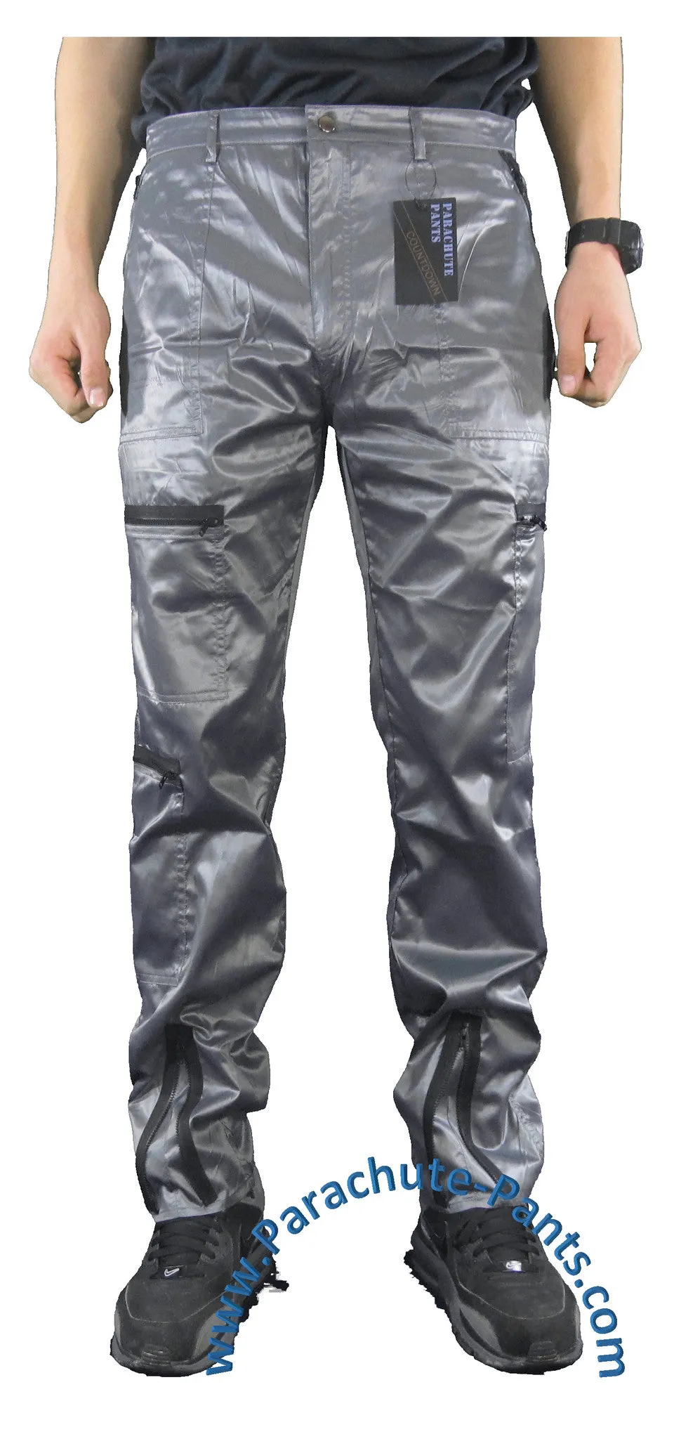 Countdown Grey Shiny Nylon Parachute Pants with Black Zippers