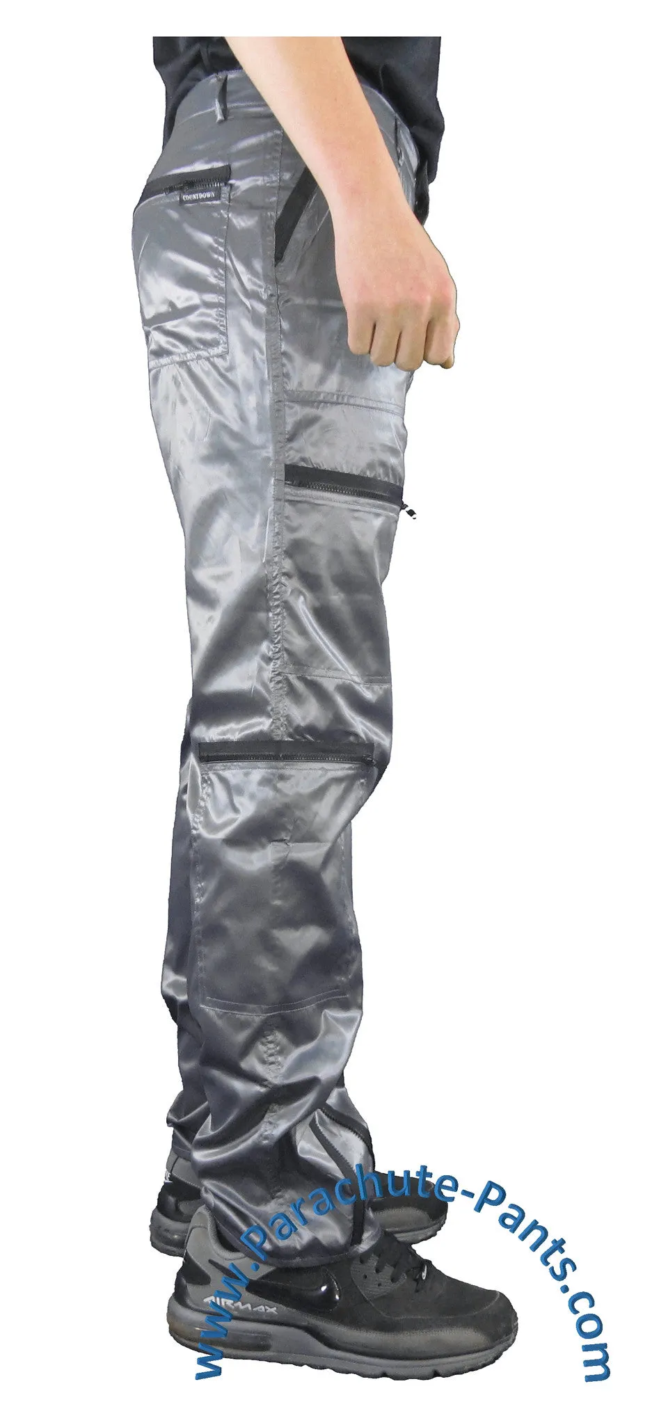 Countdown Grey Shiny Nylon Parachute Pants with Black Zippers