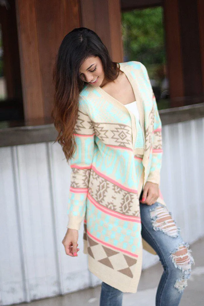 Cream And Neon Pink Long Cardigan