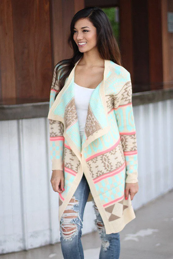 Cream And Neon Pink Long Cardigan