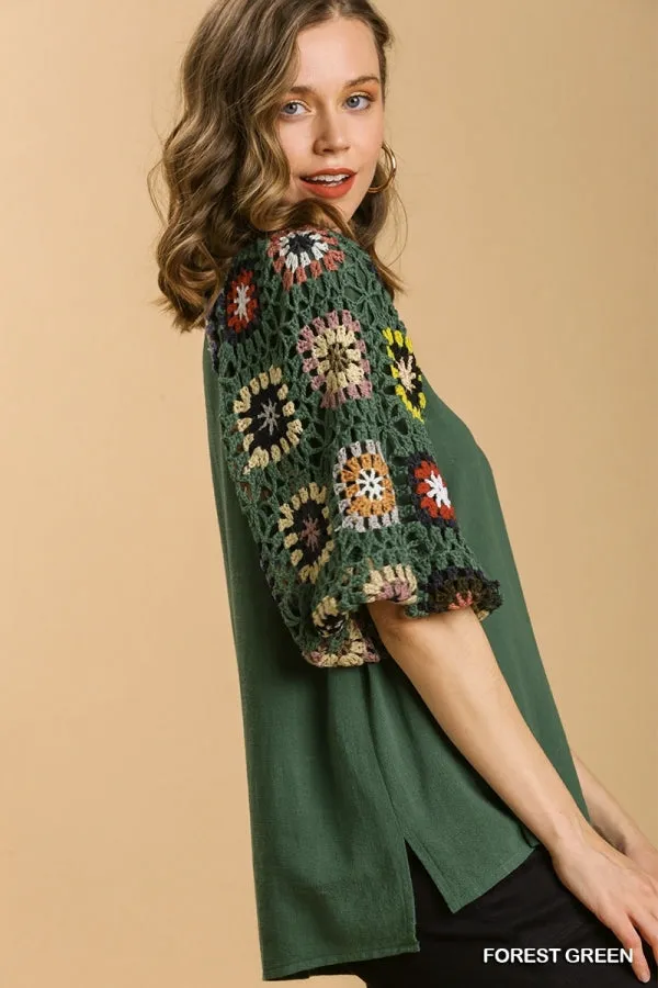 Crochet Sleeve Top, Green