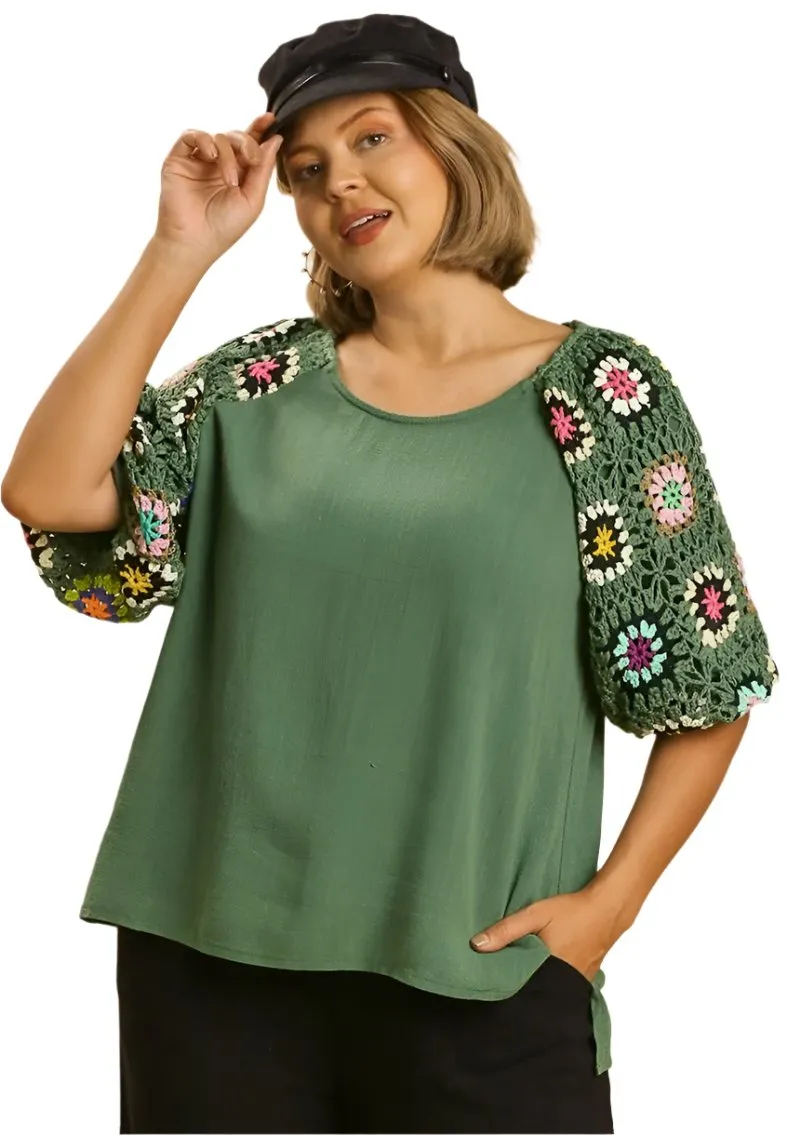 Crochet Sleeve Top, Green