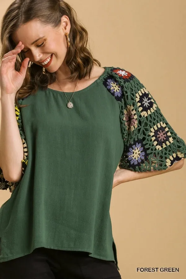 Crochet Sleeve Top, Green