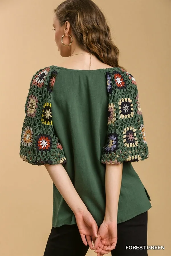 Crochet Sleeve Top, Green