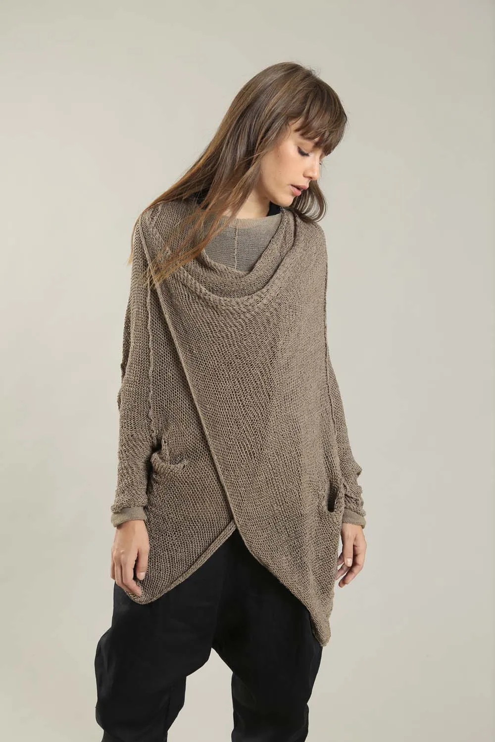 Dark Espresso Brown Oversized T Light Sweater with Pockets