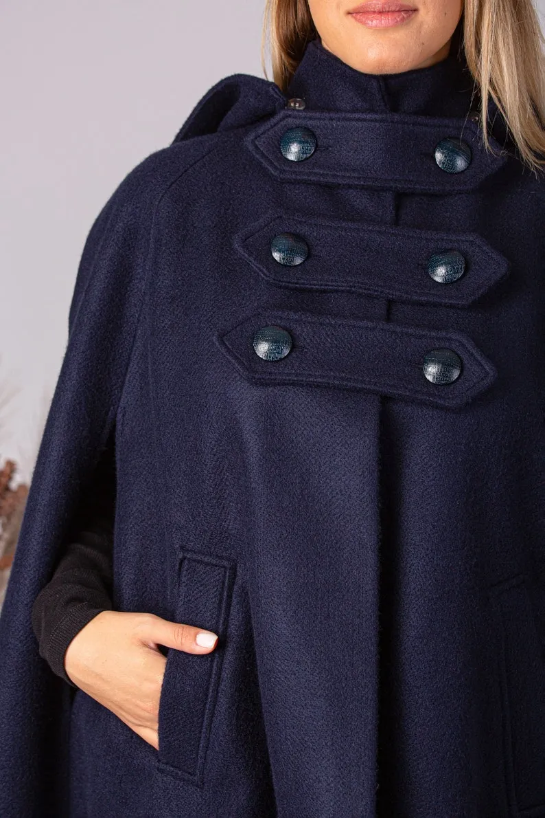 Dark Navy Hooded Wool Cape Coat