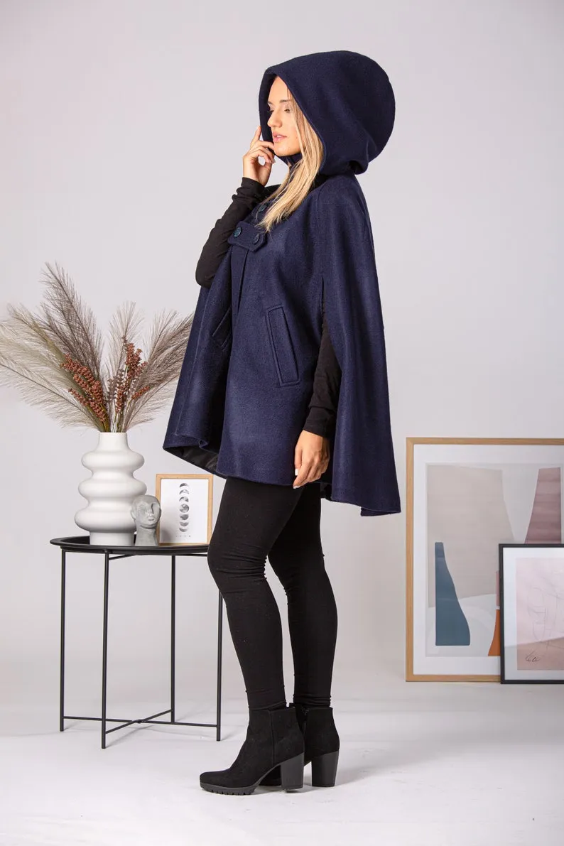 Dark Navy Hooded Wool Cape Coat