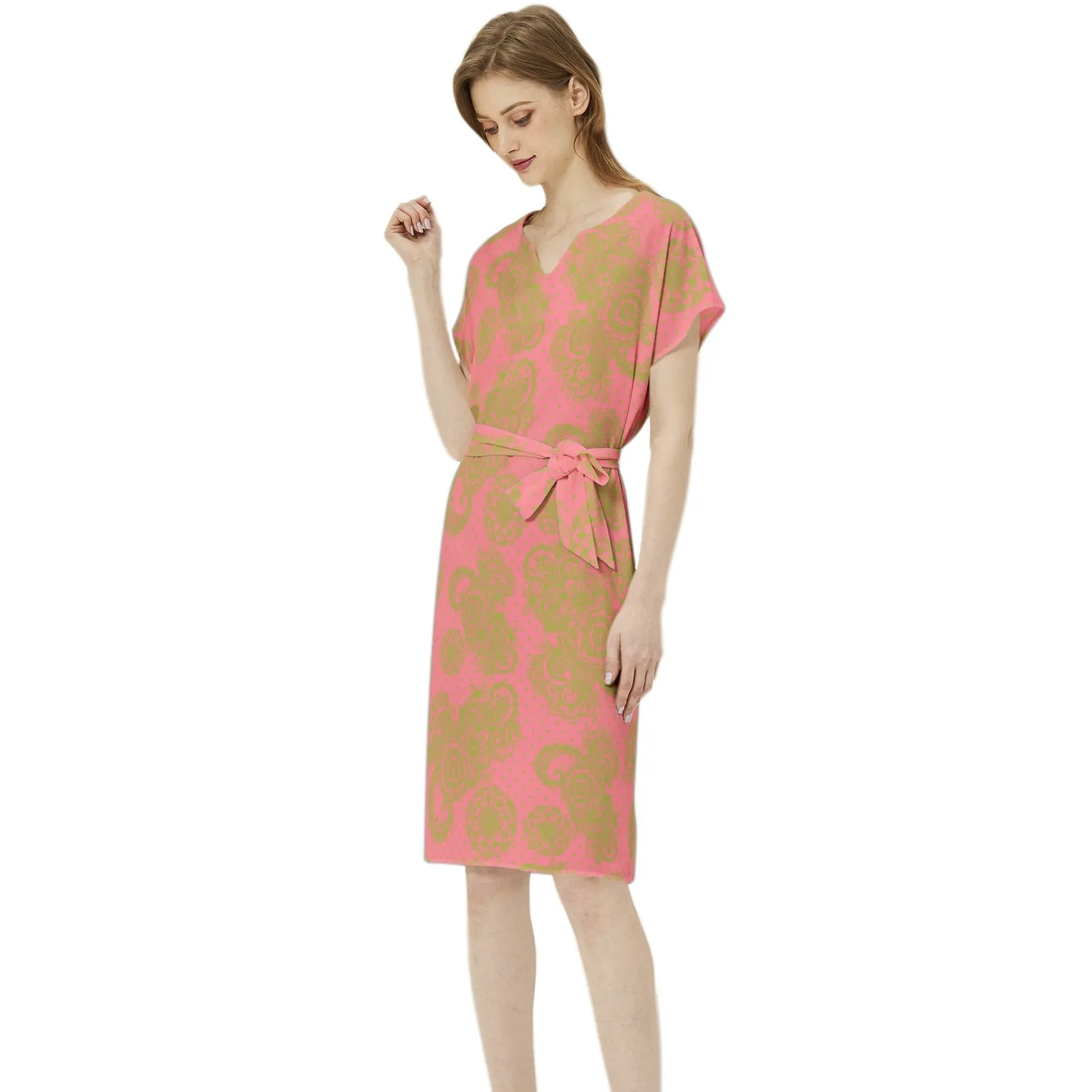 Dark Pink and Green Paisley and Polka Dot Batwing Sleeve Notch Neck Casual Dress with Belt