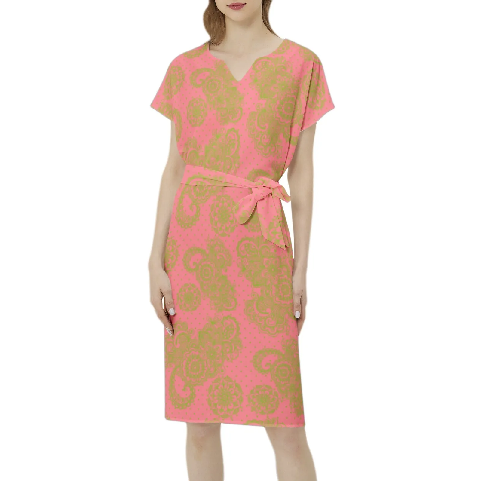 Dark Pink and Green Paisley and Polka Dot Batwing Sleeve Notch Neck Casual Dress with Belt