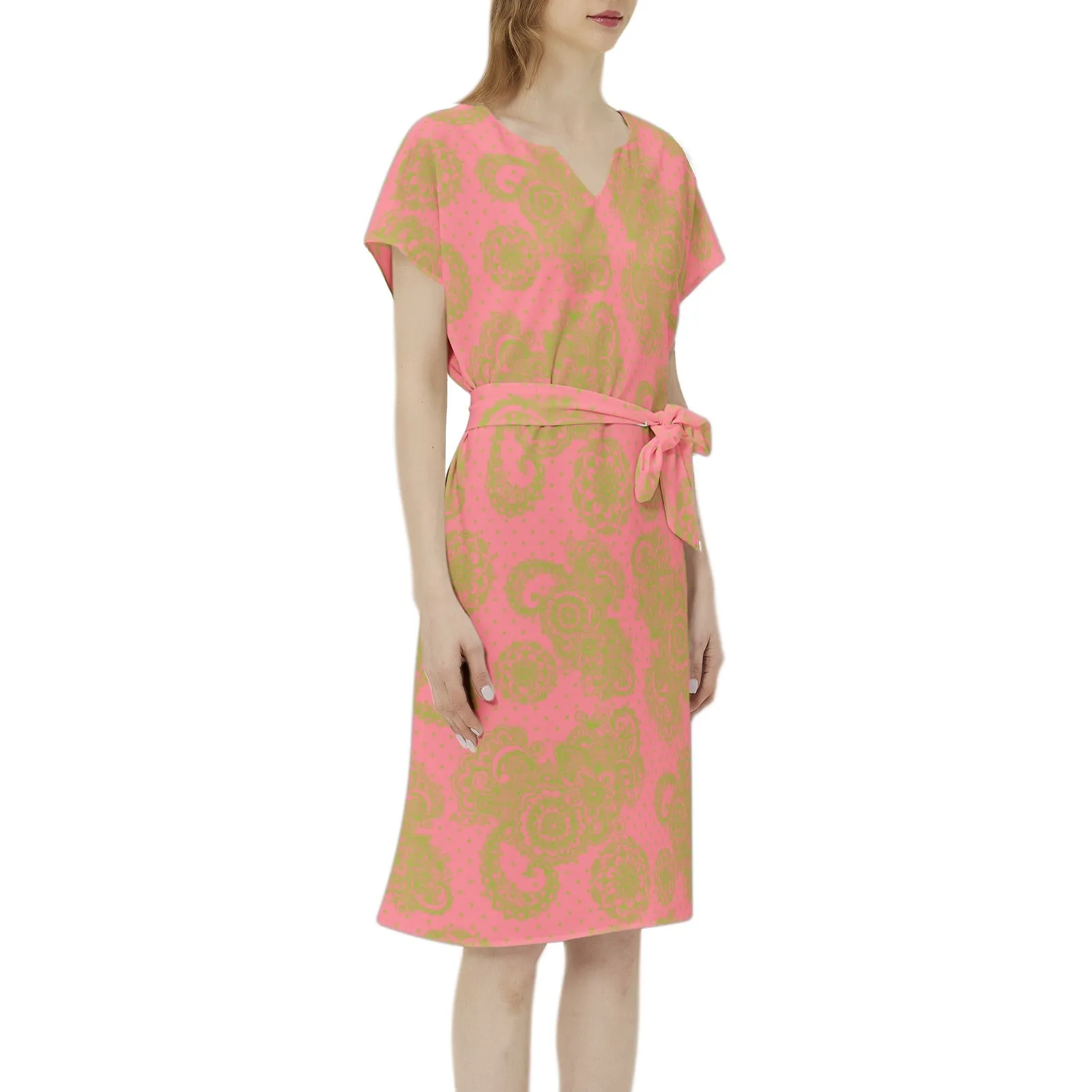 Dark Pink and Green Paisley and Polka Dot Batwing Sleeve Notch Neck Casual Dress with Belt