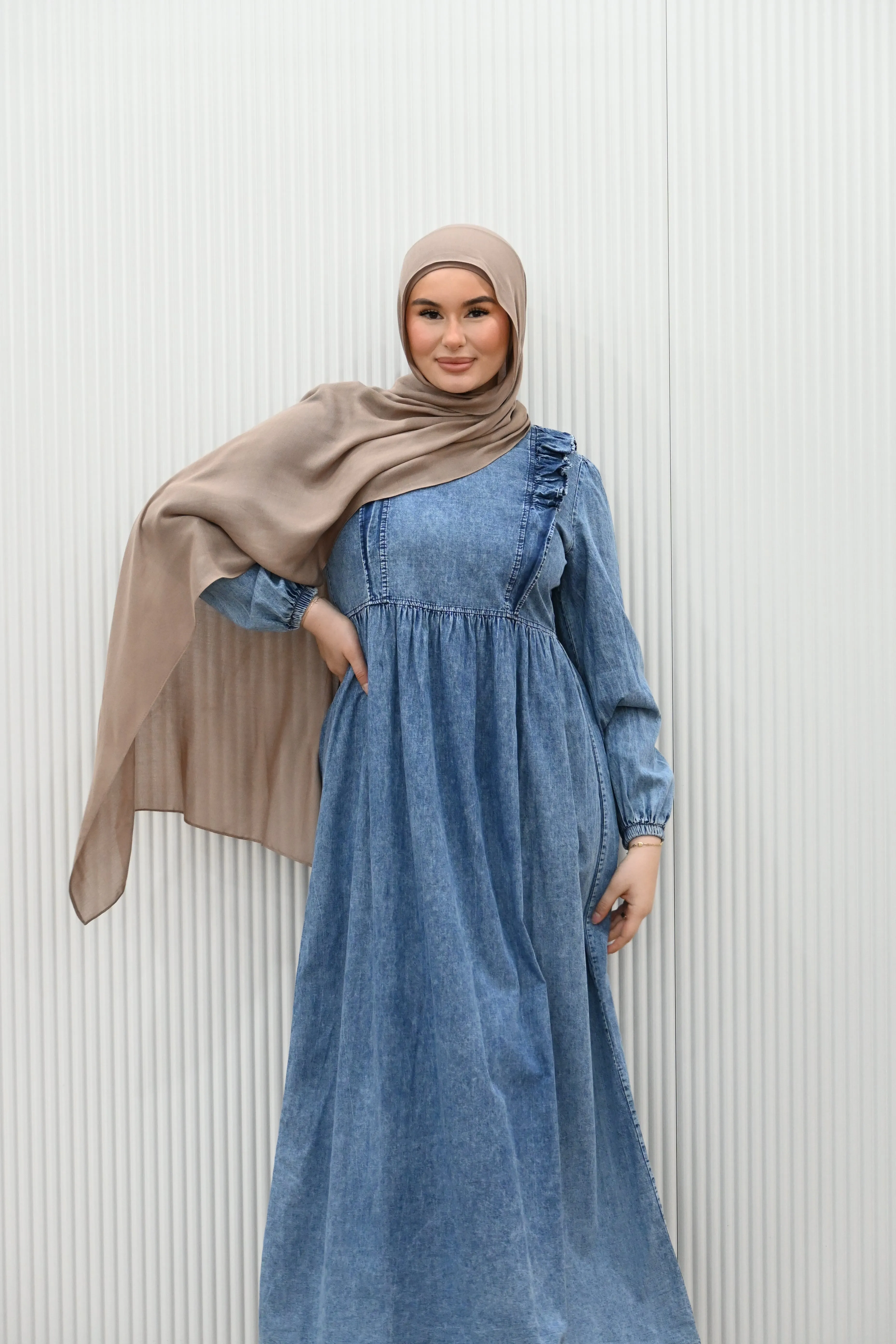 DENIM RUFFLE DRESS