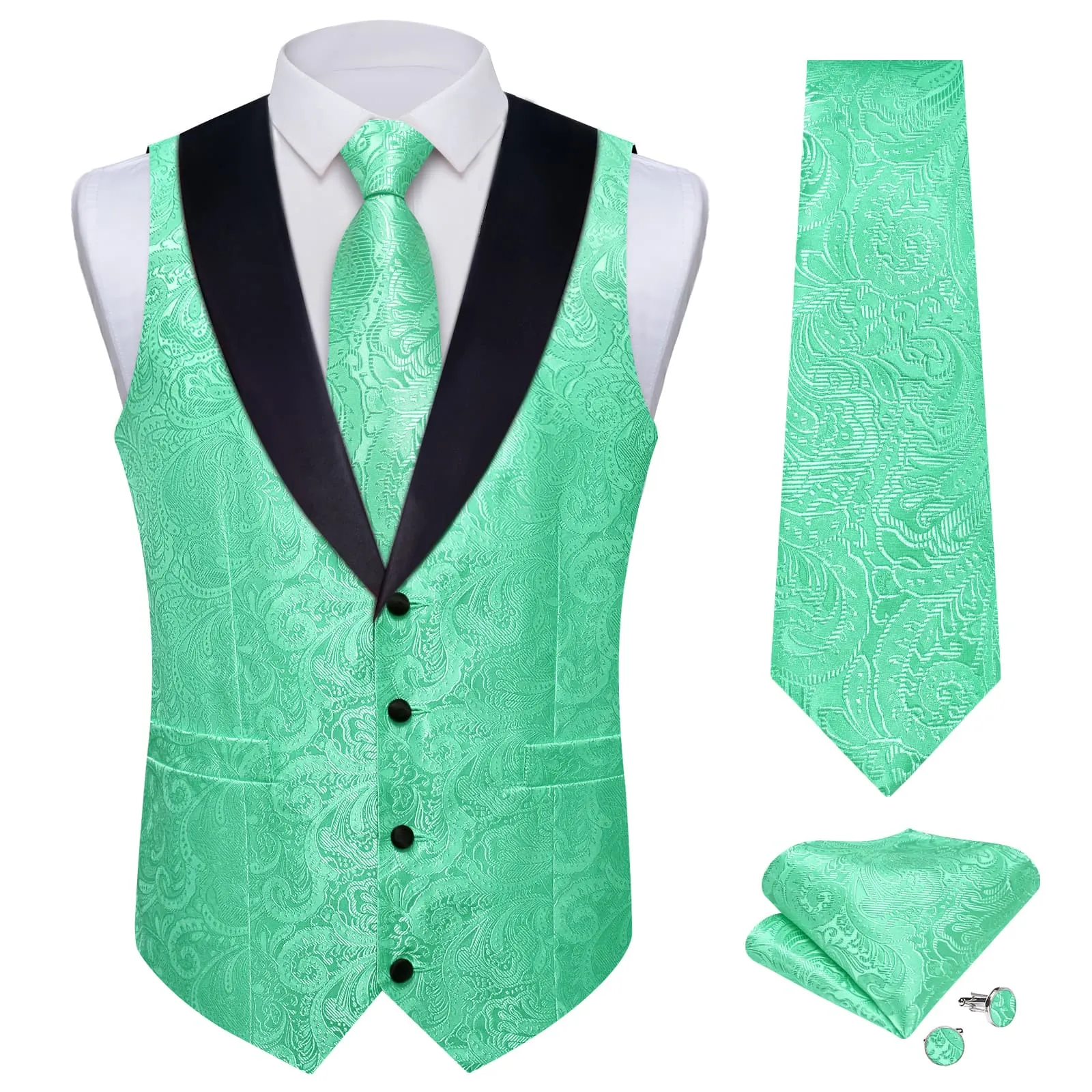 DiBanGu Mint Green Floral Silk Shawl Collar Mens Dress Vest Tie Set