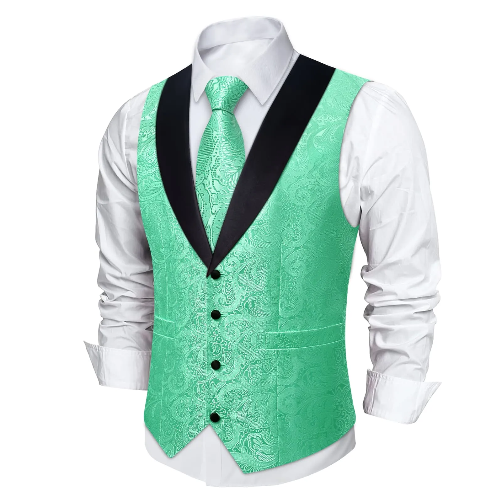 DiBanGu Mint Green Floral Silk Shawl Collar Mens Dress Vest Tie Set