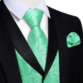 DiBanGu Mint Green Floral Silk Shawl Collar Mens Dress Vest Tie Set