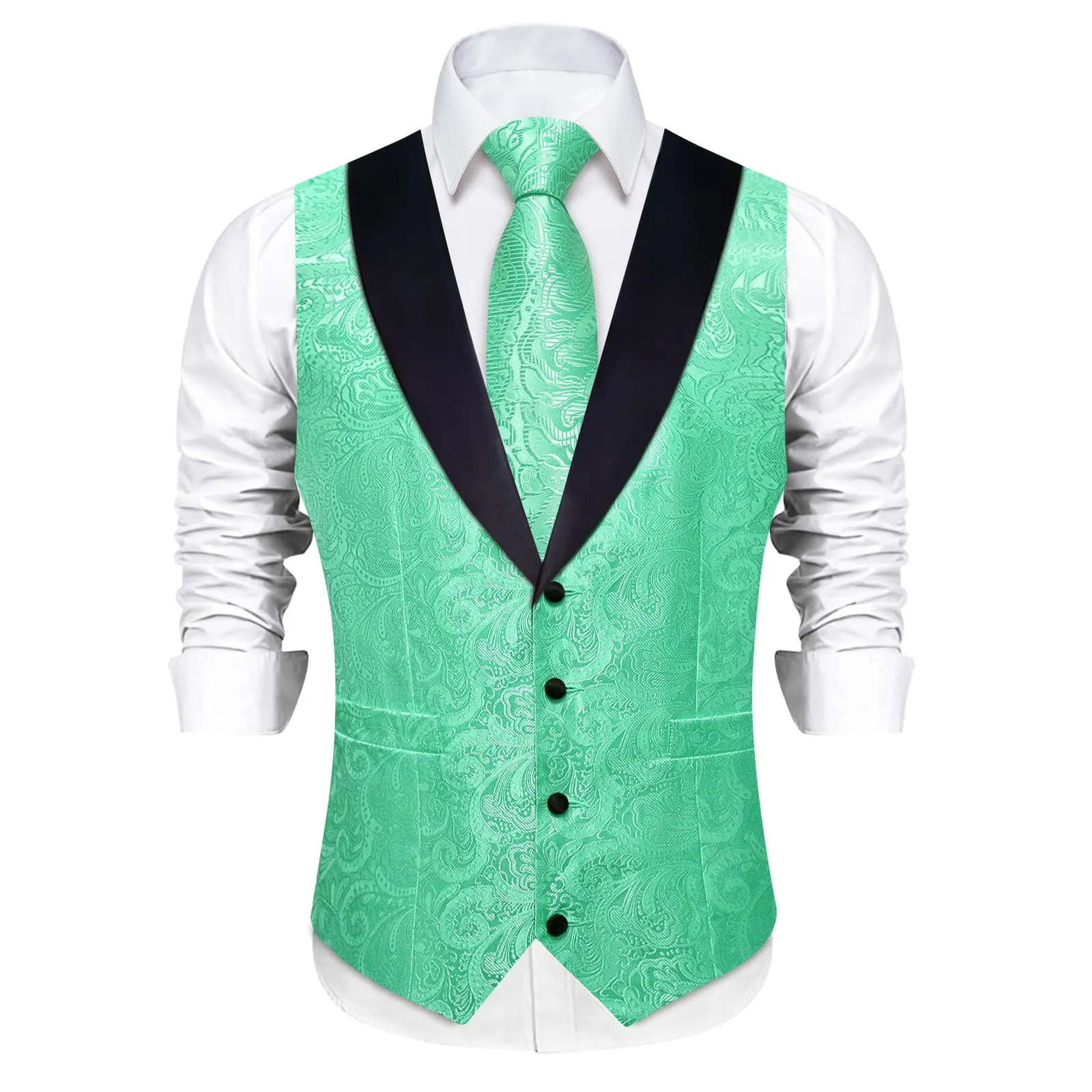 DiBanGu Mint Green Floral Silk Shawl Collar Mens Dress Vest Tie Set