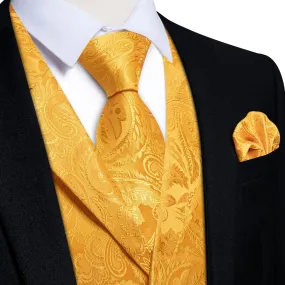 DiBanGu Urobilin Yellow Paisley Silk Notched Collar Slim Fit Mens Waistcoat Tie Set