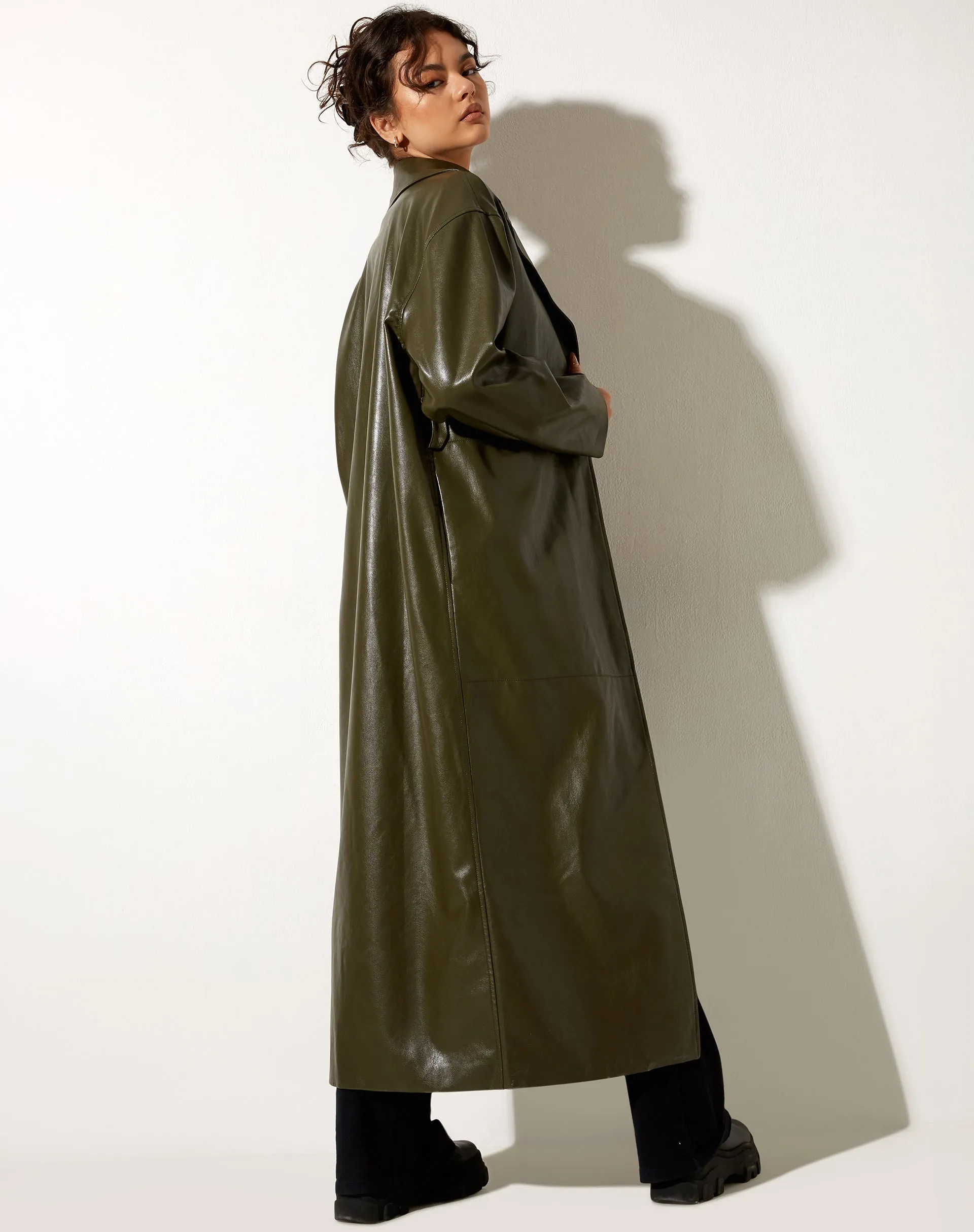 Ejo Trench Coat in PU Dark Olive