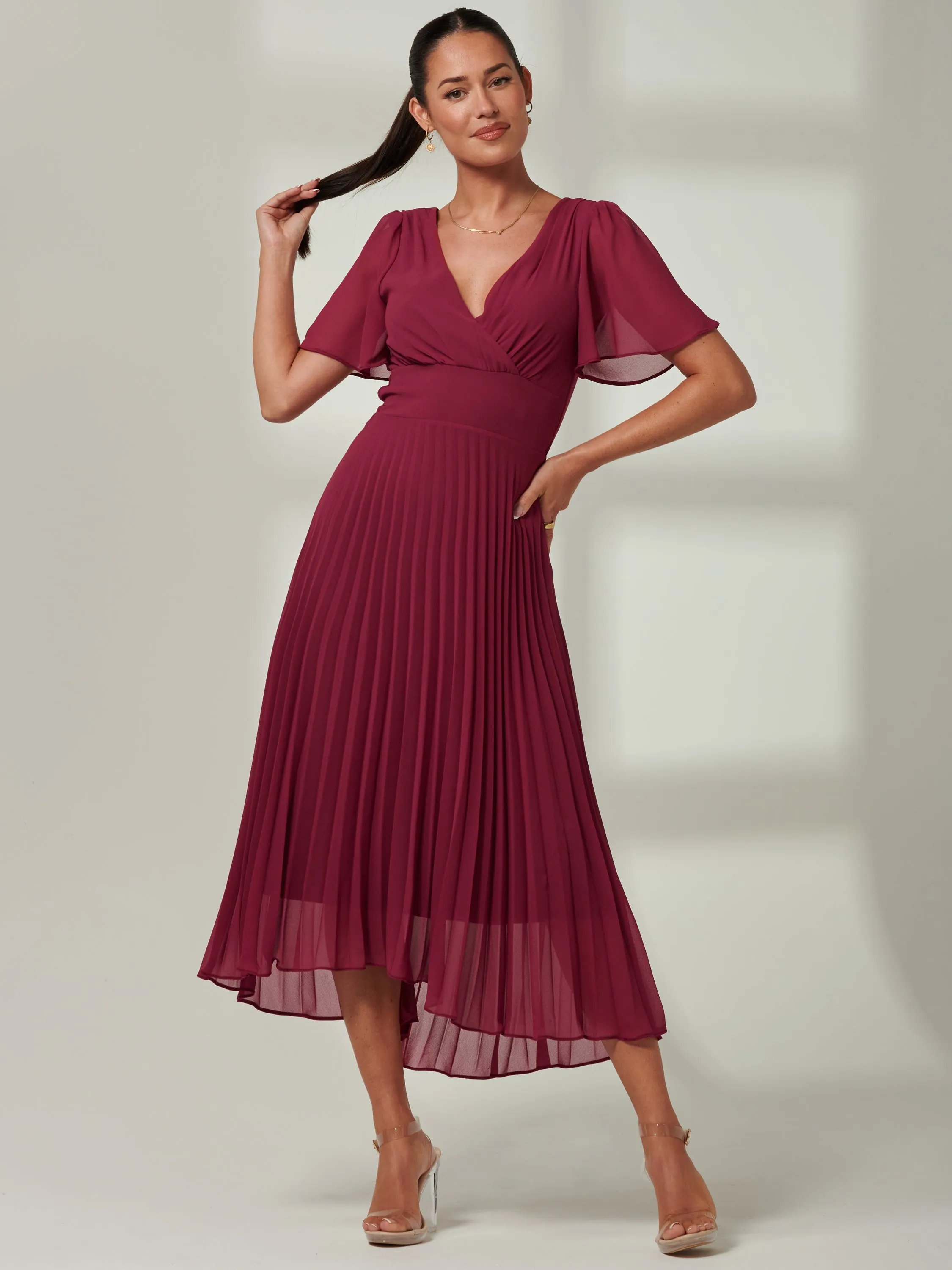 Elene Pleated High Low Chiffon Maxi Dress, Raspberry