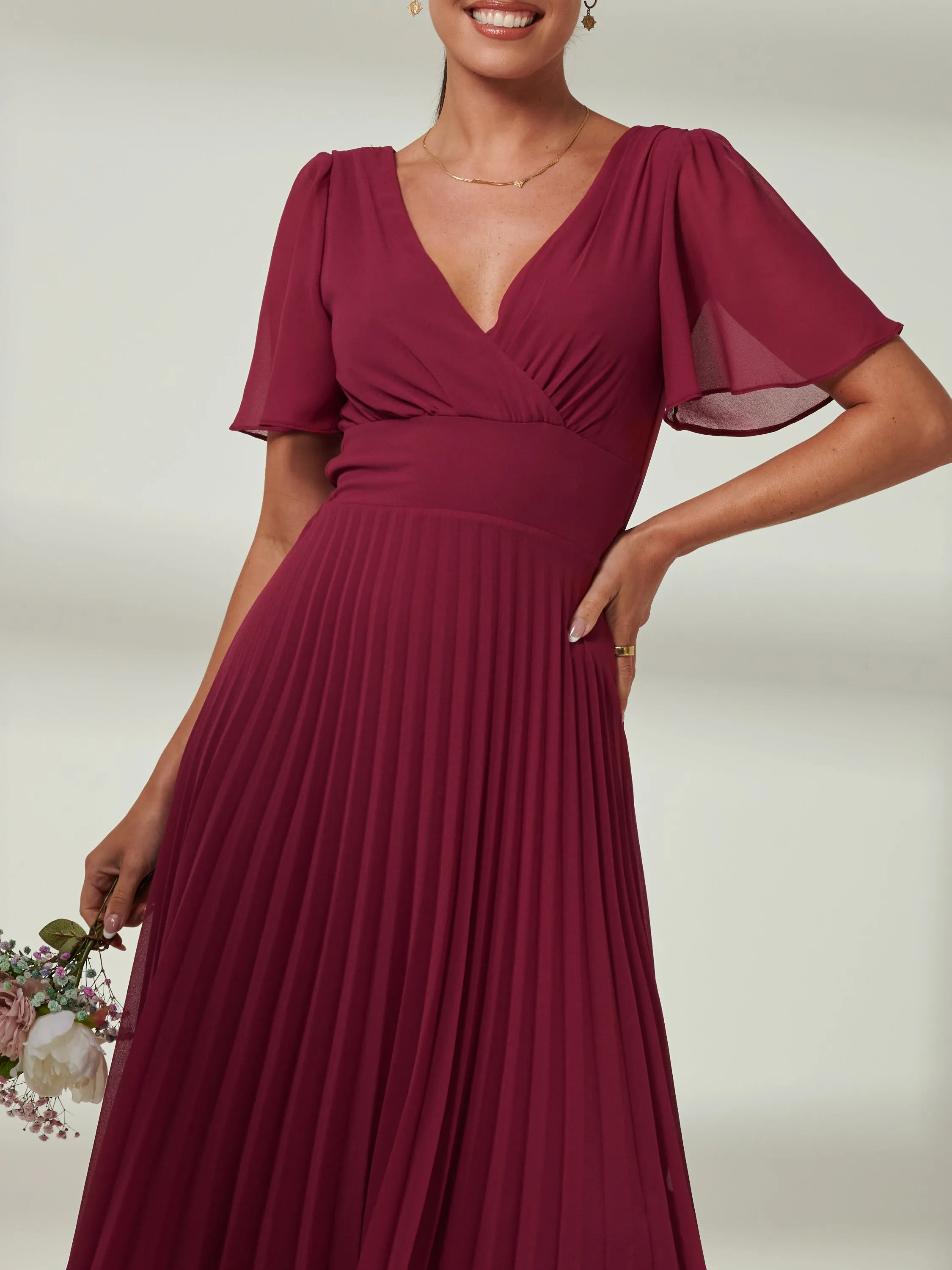 Elene Pleated High Low Chiffon Maxi Dress, Raspberry