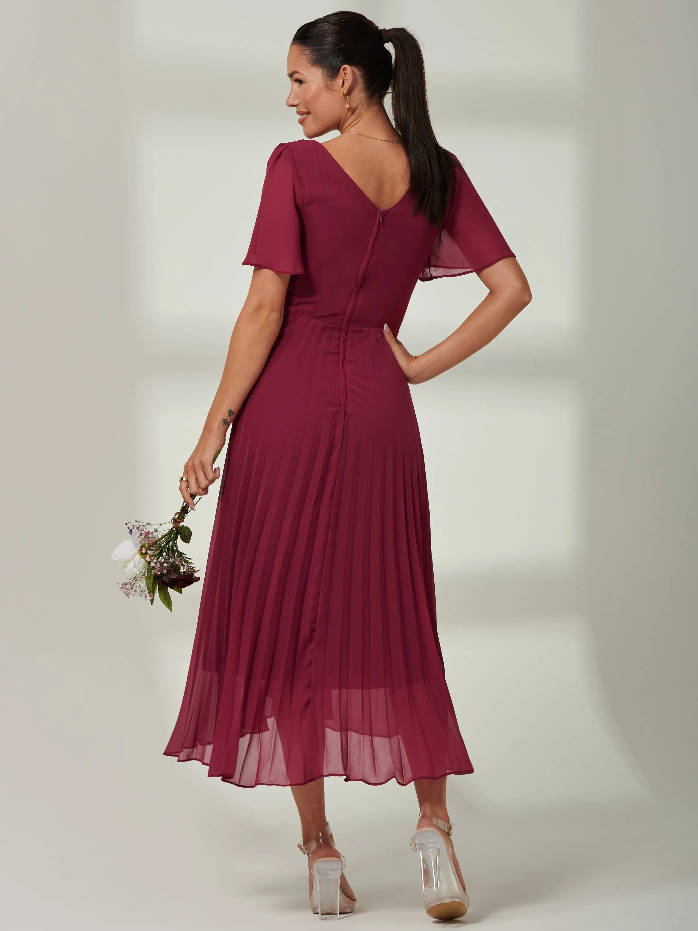 Elene Pleated High Low Chiffon Maxi Dress, Raspberry