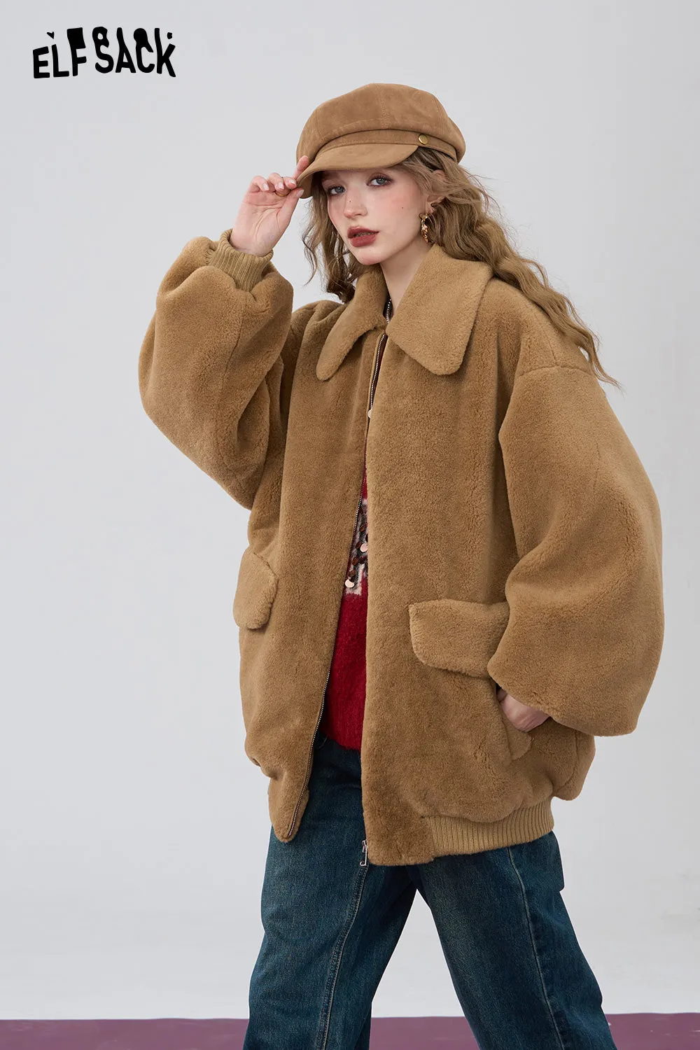 ELFSACK 2024 Winter New Arrivals Retro khaki loose collar imitation plush thick coat for women