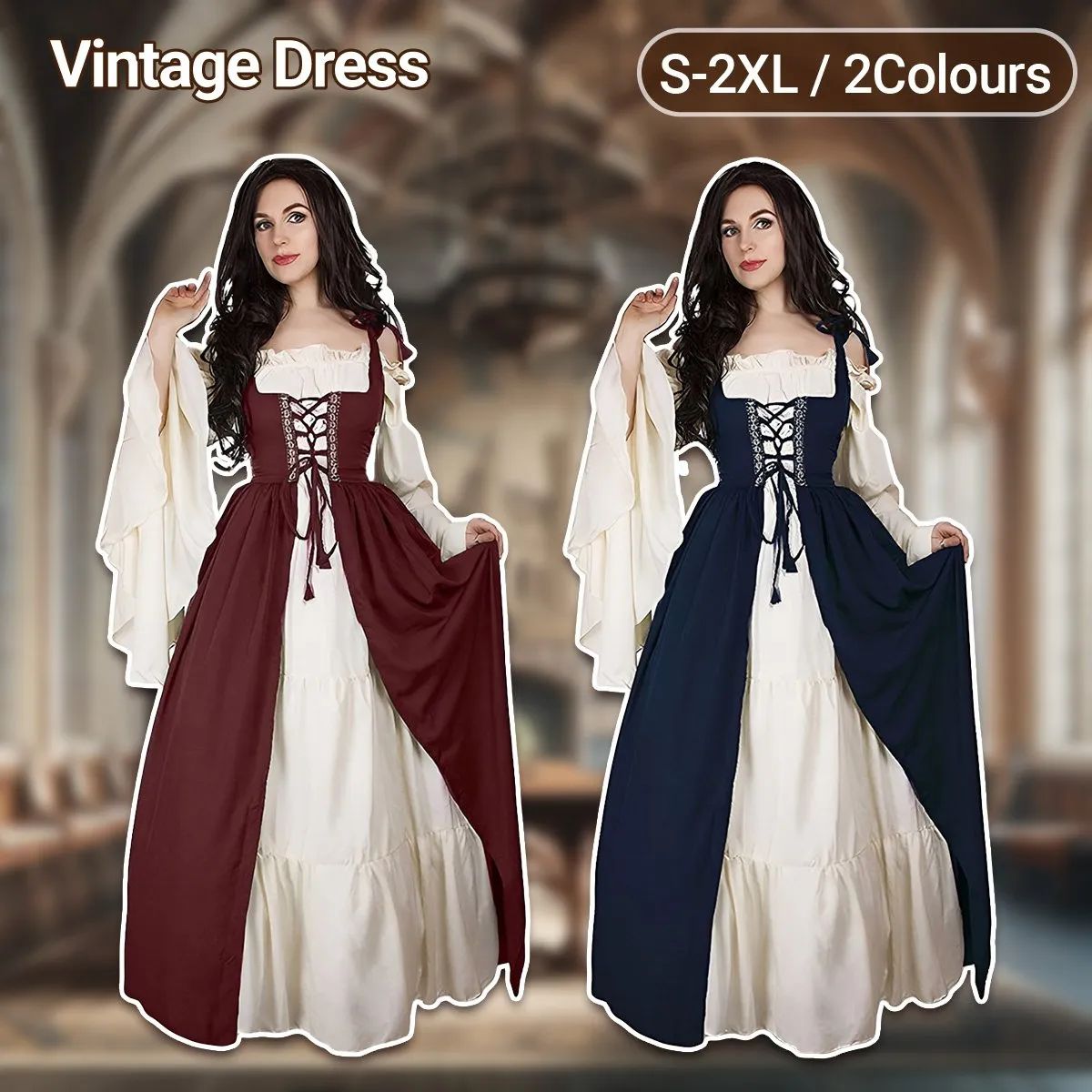 European And American Square Collar Bundle Waist Medieval Renaissance Retro Dress