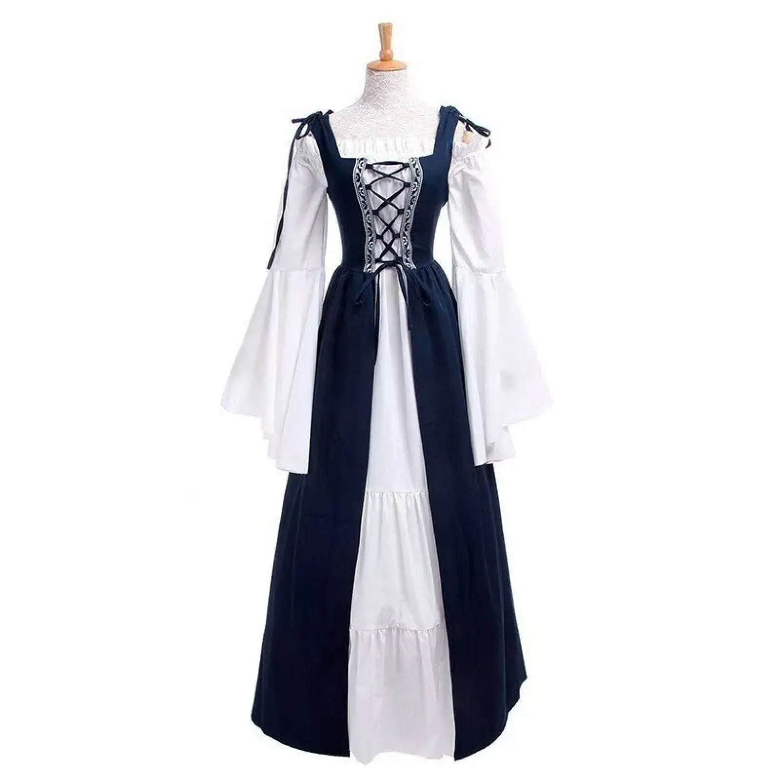 European And American Square Collar Bundle Waist Medieval Renaissance Retro Dress