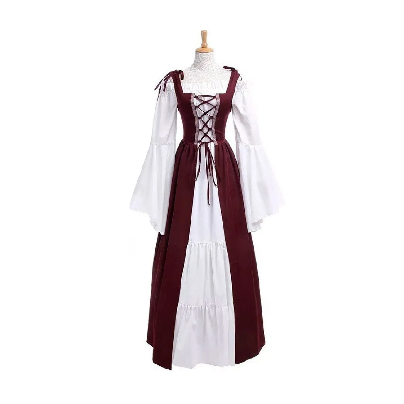 European And American Square Collar Bundle Waist Medieval Renaissance Retro Dress