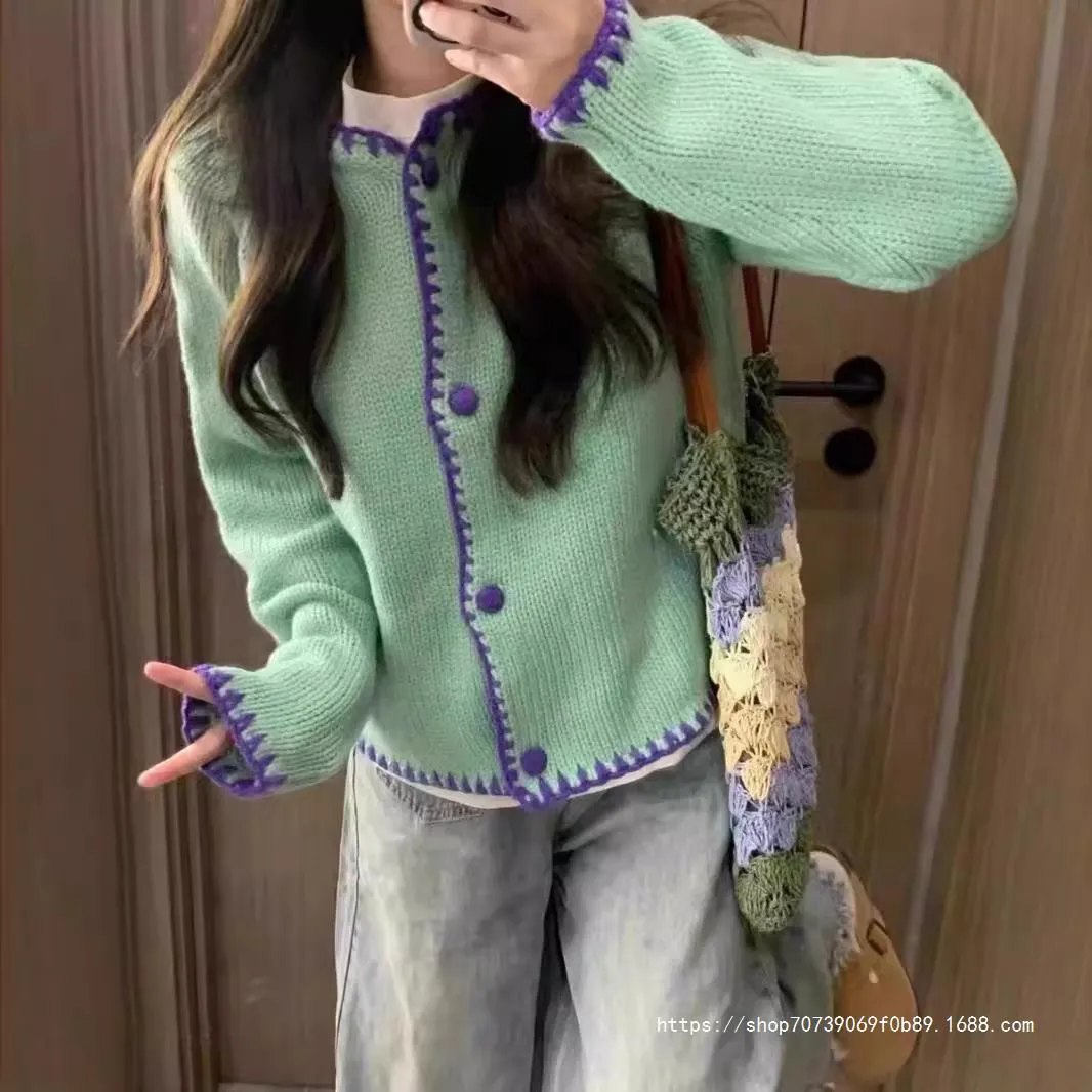 Fashionkova knitted Retro Water Green Sweater for Women 2024 Spring New Sweet Lazy Style Loose Sweater Cardigan Thin Coat