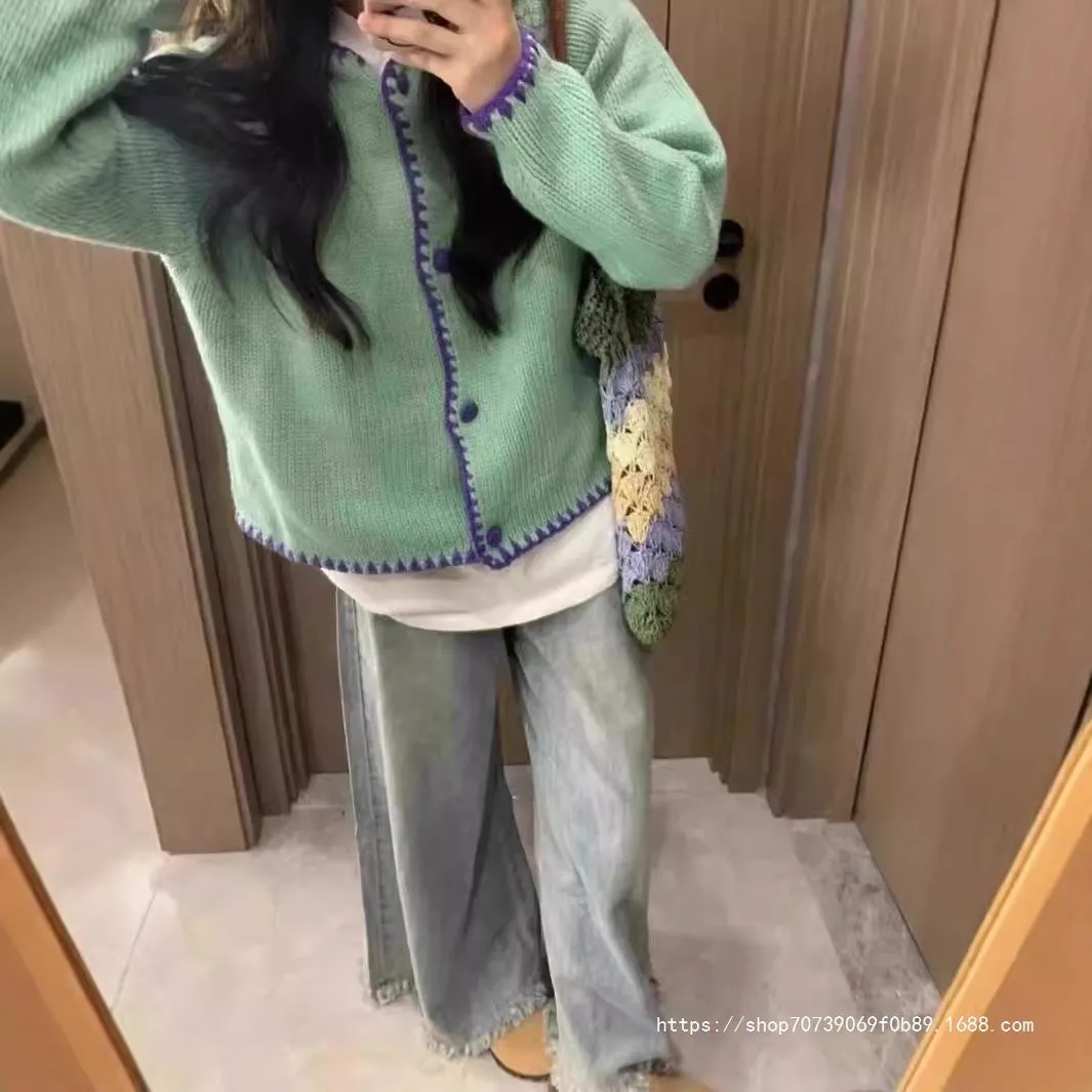 Fashionkova knitted Retro Water Green Sweater for Women 2024 Spring New Sweet Lazy Style Loose Sweater Cardigan Thin Coat