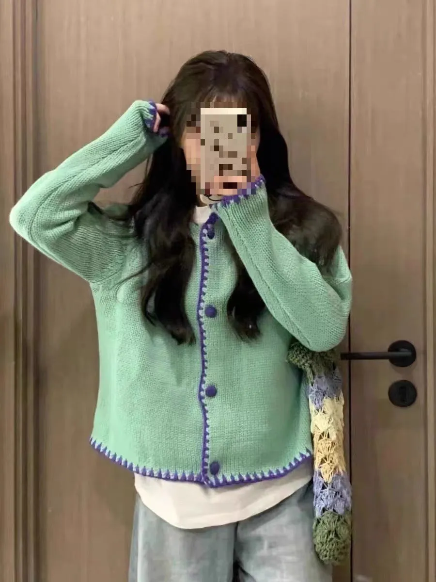 Fashionkova knitted Retro Water Green Sweater for Women 2024 Spring New Sweet Lazy Style Loose Sweater Cardigan Thin Coat