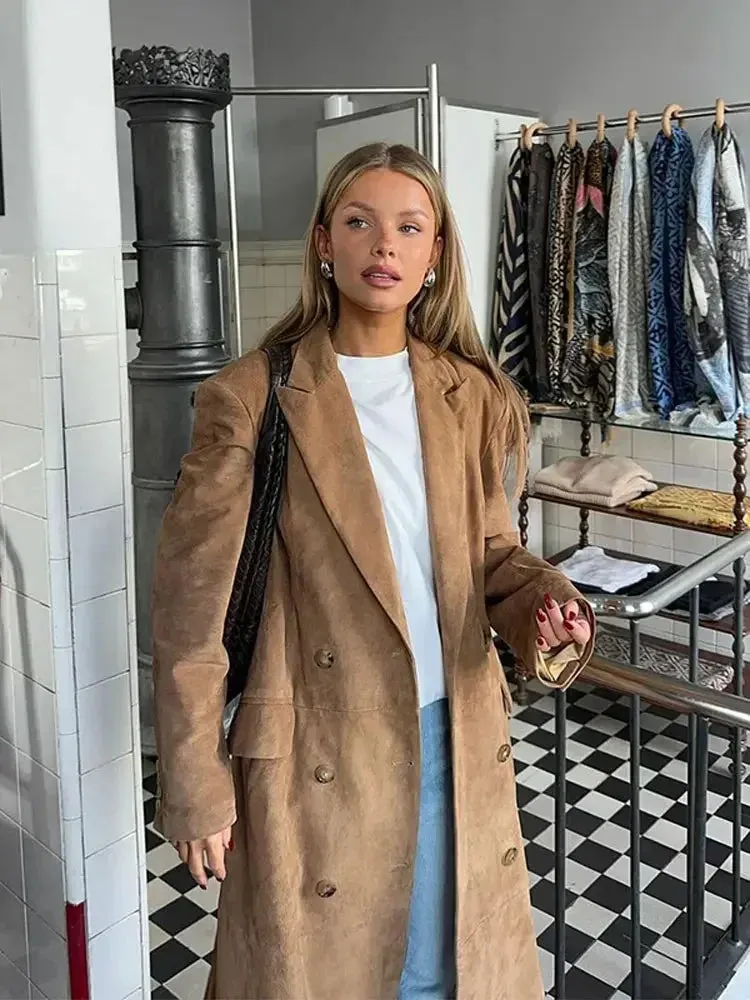 Fashionkova Retro Brown Women's Double Breasted Loose Long Jacket Fashion Pockets Lapel Windbreaker Coat 2024 Autumn Lady High Streetwear