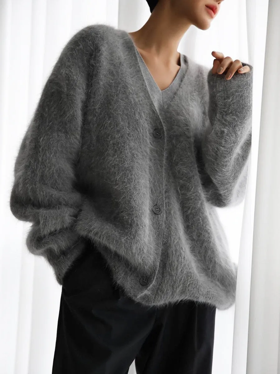 Fashionkova Women’s fashion Faux Mink Wool Knitted Sweater Cardigan 2024 Autumn and Winter Lazy Loose Long Sleeve V-neck Sweater Coat for Women