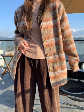 Fashionkova womens sweater plus Size Women's Maillard Plaid Mohair Cardigan Autumn and Winter New Retro Knitwear Sweater V-neck Thin Coat