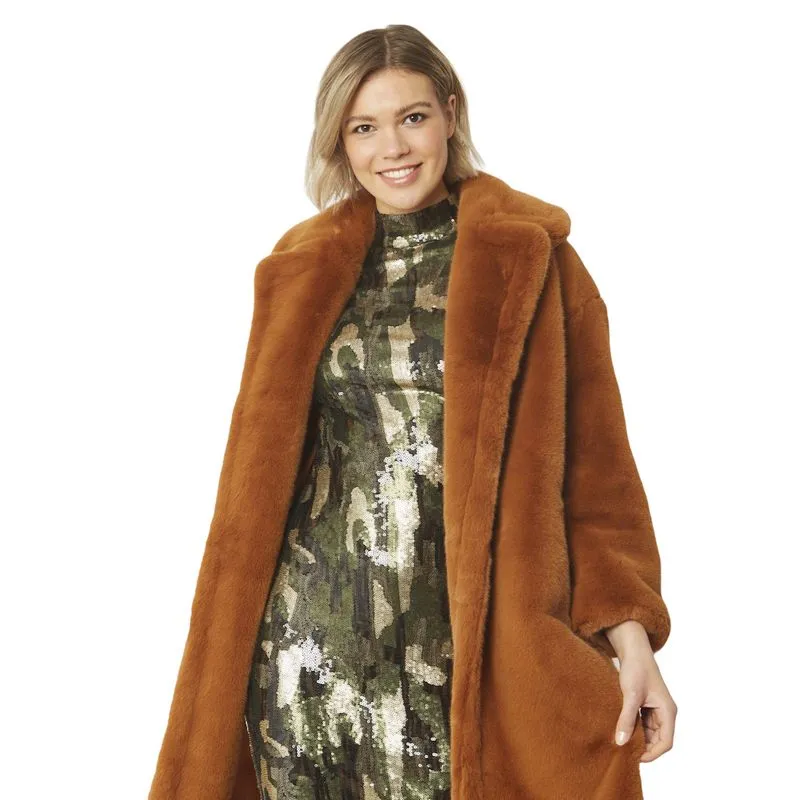 Faux Fur Coat in Burnt Orange