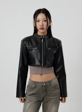 Faux Leather Cropped Zip-Up Jacket CF301