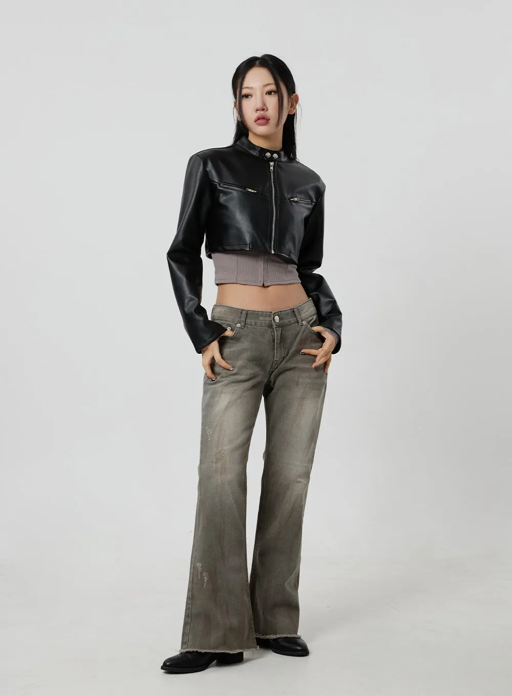 Faux Leather Cropped Zip-Up Jacket CF301