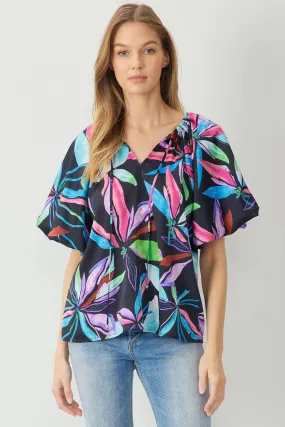 Floral Bubble Sleeve Blouse, Black