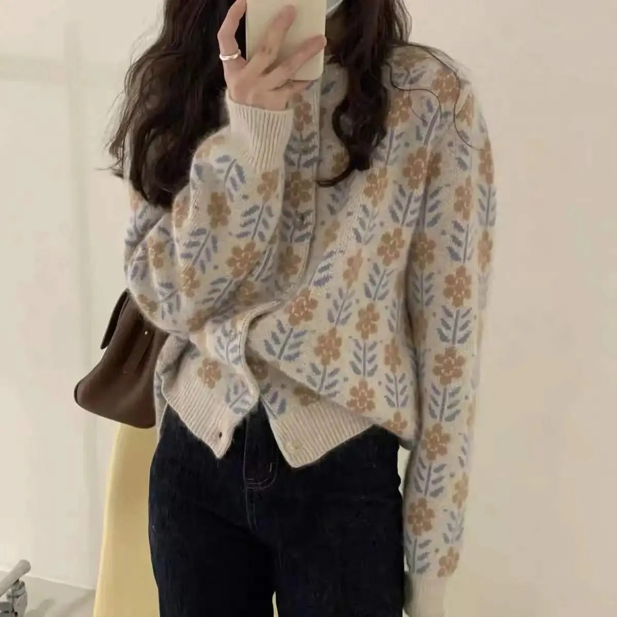 Flytonn-Cashmere knit cardigan women round neck soft waxy sweater coat spring and autumn retro loose top Korean sweater outside