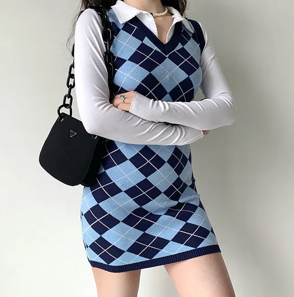 FLYTONN-spring summer dress Vacation photography outfits College Diamond Vest Knit Dress