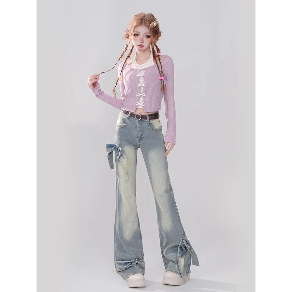 Flytonnshop 90s streetwear American Style Retro Bow Micro Flared Jeans for Women 2024 New Summer High Waist Mopping Pants Fashion