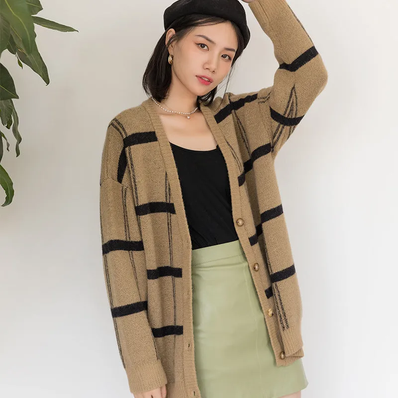 Flytonnshop business casual outfits Autumn and Winter New Mid-Length Wool Sweater Coat Striped Sweater Wool Cardigan Women's Processing Customization Small Batch