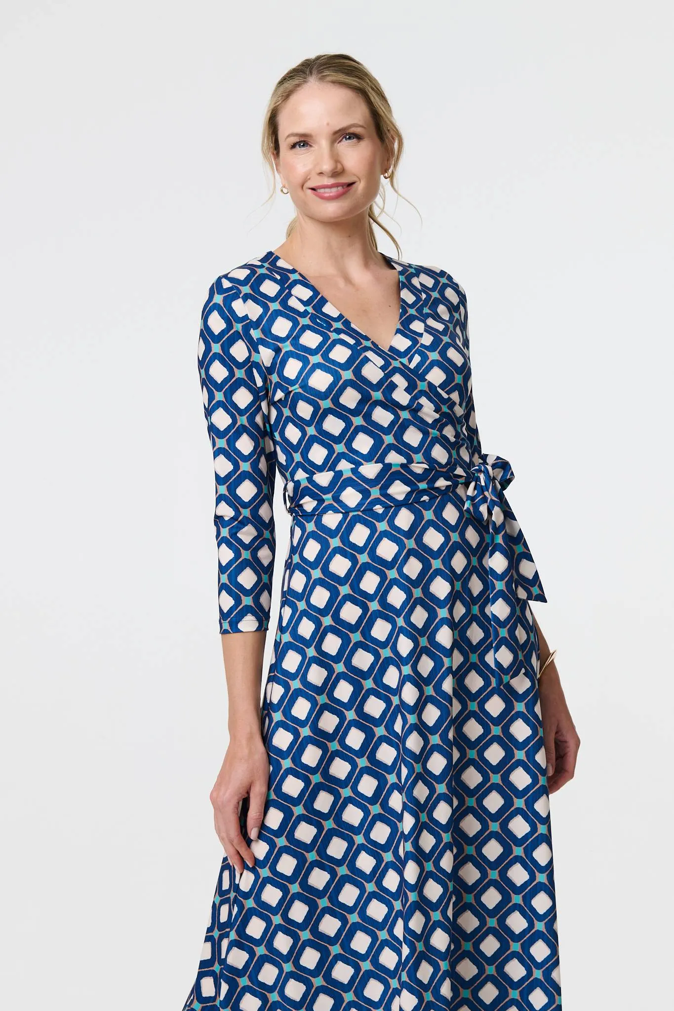 Geo Print 3/4 Sleeve Midi Wrap Dress