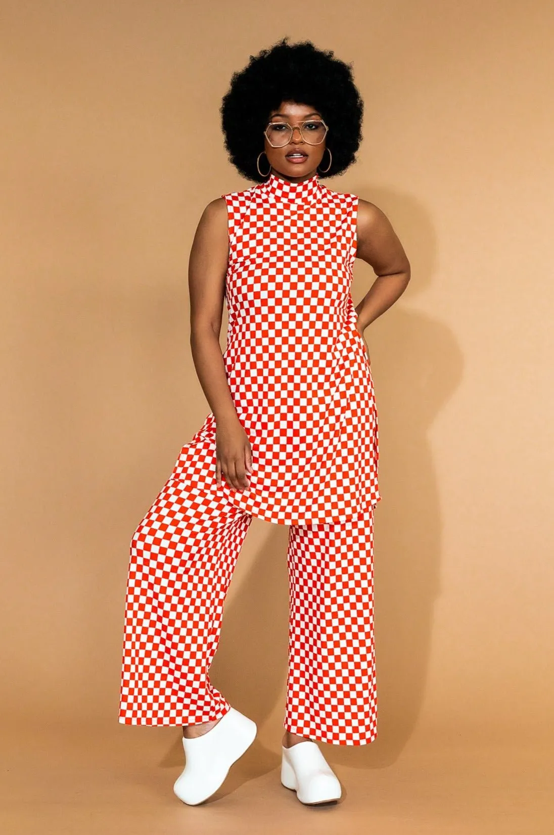 Gigi Sleeveless Ribbed Playsuit in Retro Red Check